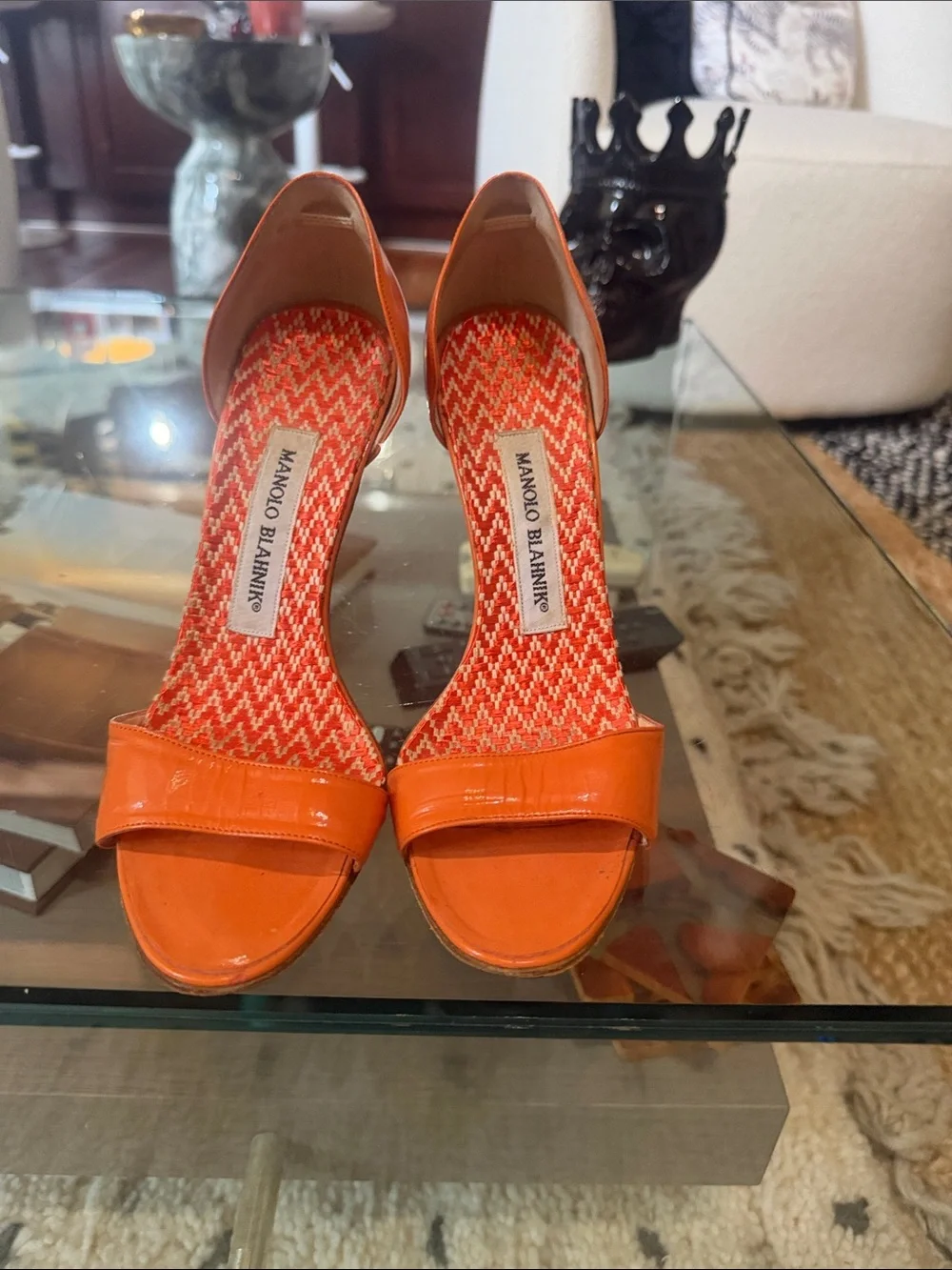 Manolo Blahnik Orange Patent Open-Toe D'Orsay Heels